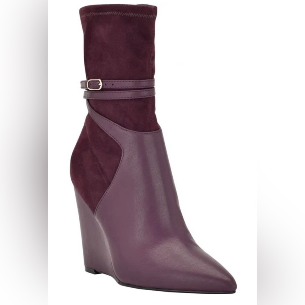 GUESS Burgundy Purple Mixed Media Buckled Strap Acora Point Toe Wedge dress Boot - Picture 1 of 13